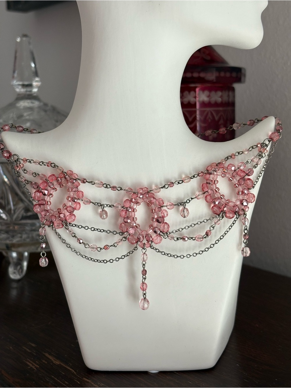Vintage Pink Beaded Statement Necklace | Draped Chain Bib Coquette Fairycore